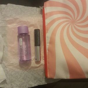 Clinique pink swirl makeup bag, masacara & more